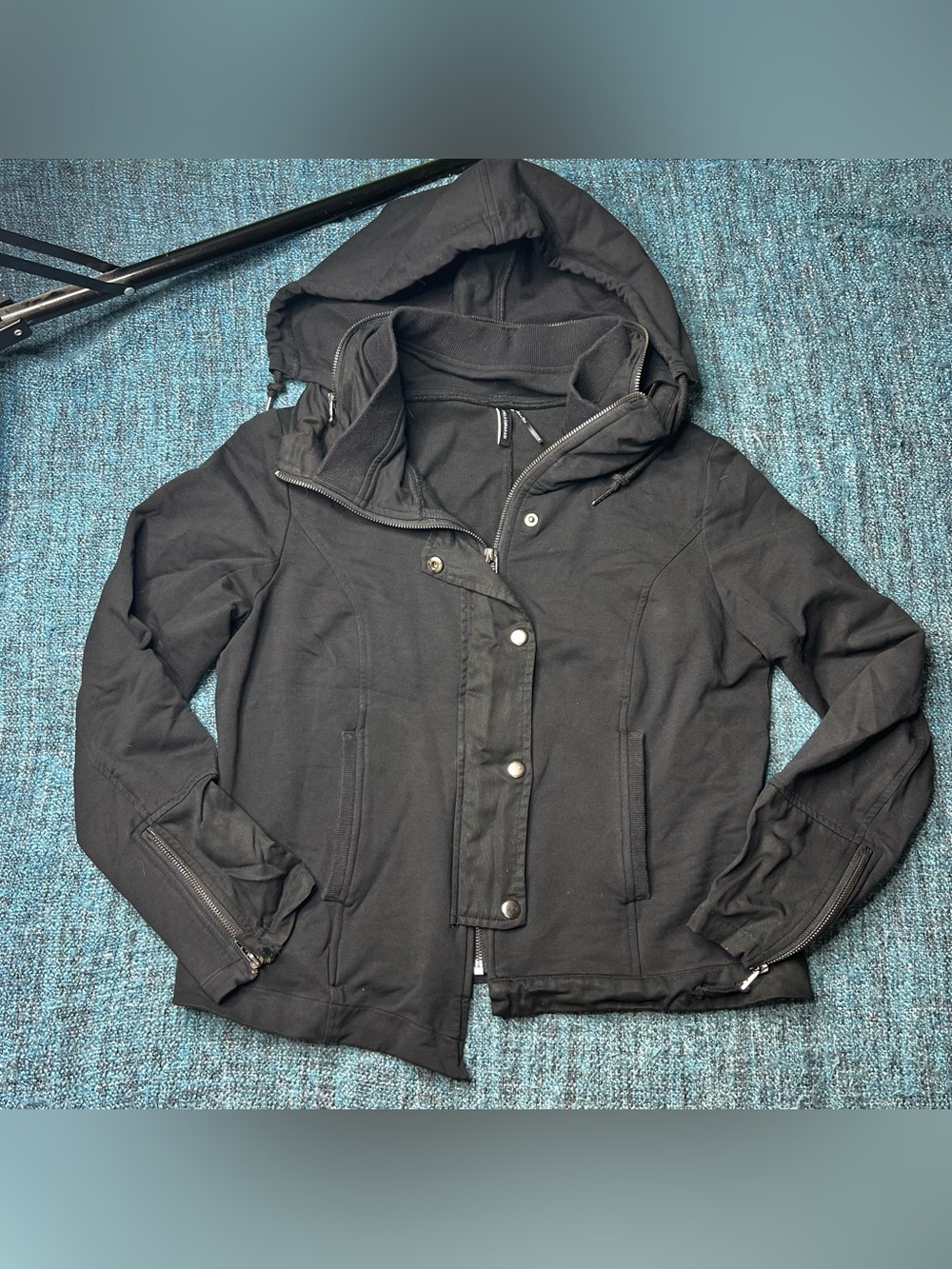 Stella Carakasi Asymmetric Zip Up Hooded Jacket Black Size Small Organic Cotton